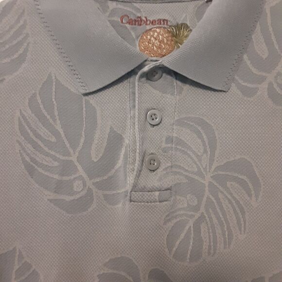 Caribbean Adult Mens L Gray Silk Blend Short Sleeve Polo Shirt Floral - Picture 2 of 7